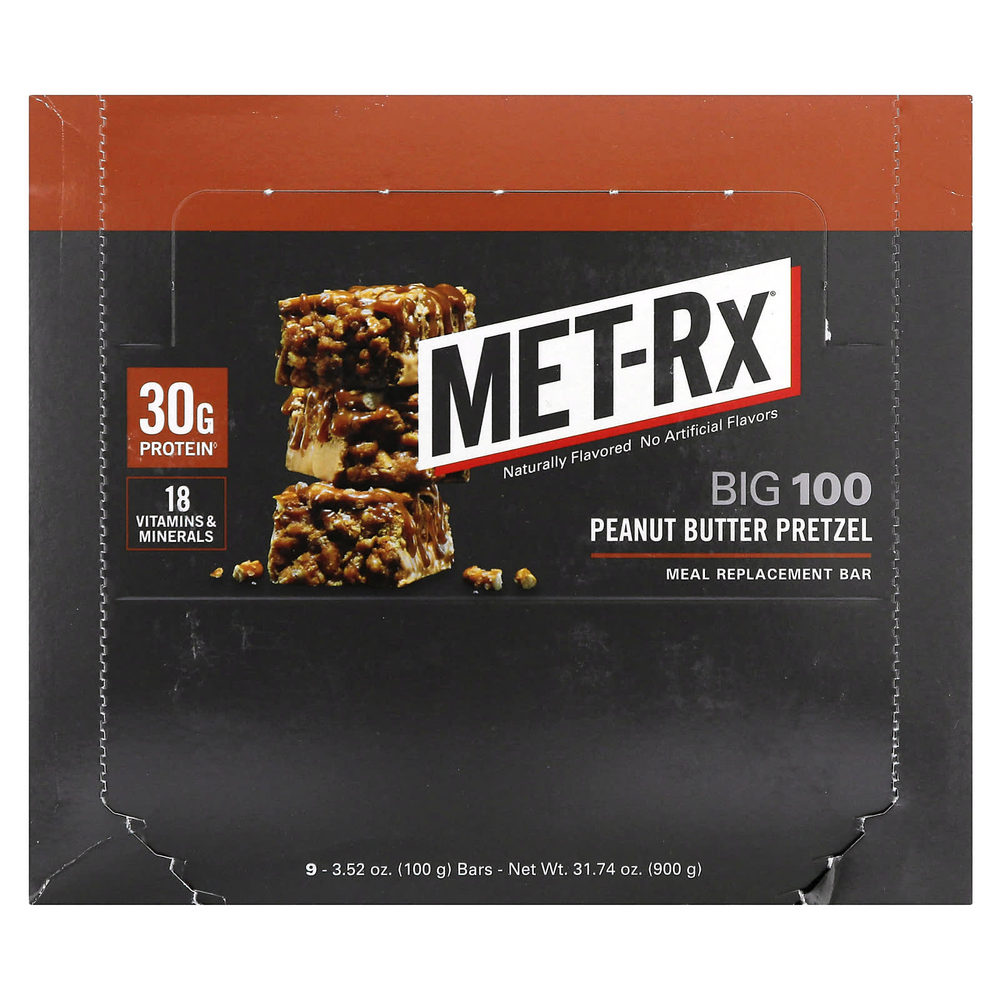 MET-Rx, Big 100, батончик-заменитель еды, крендель с арахисовой пастой, 9 батончиков, 100 г (3,52 унции)