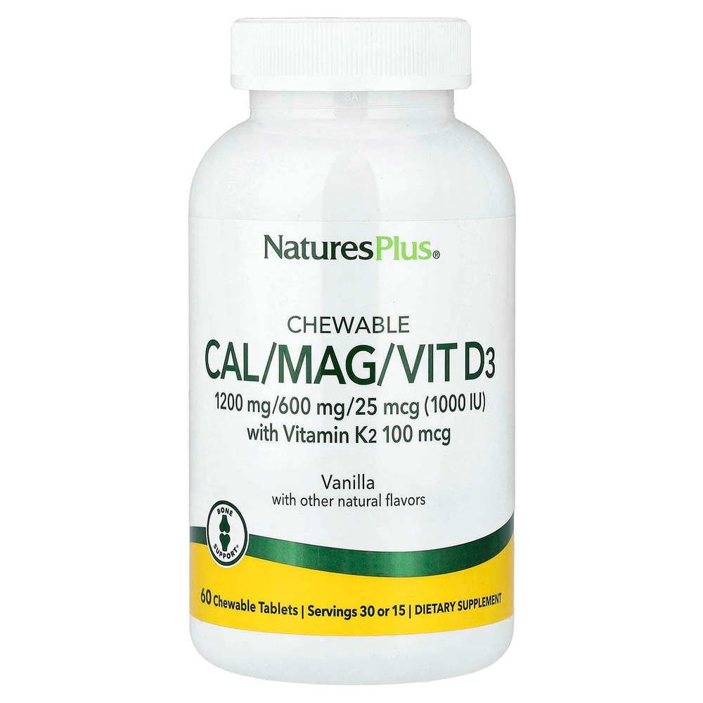 NaturesPlus, жевательные кальций, магний, витамин D3 с витамином K2, ваниль, 60 жевательных таблеток
