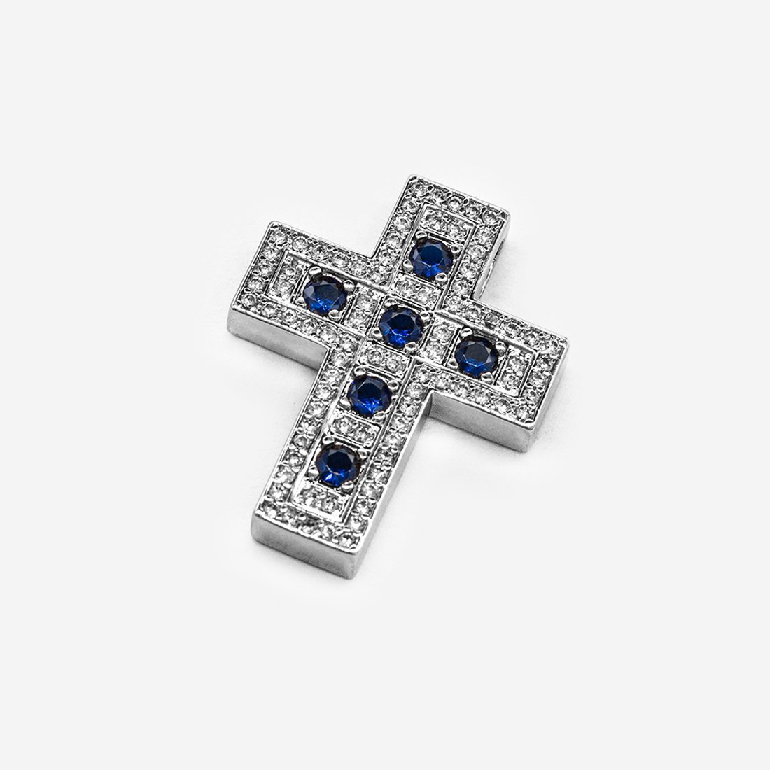 Подвеска "Крестик", синие фианиты, родирование, 28*22мм