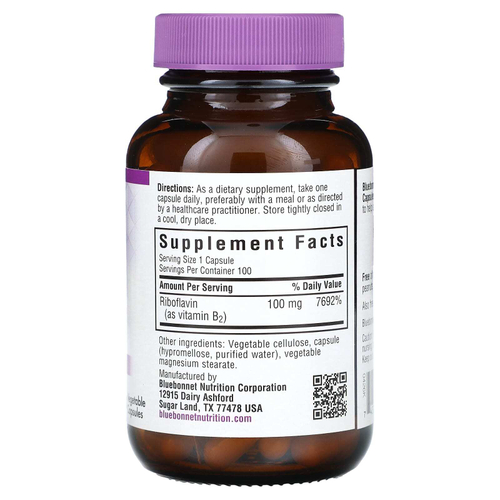 Bluebonnet Nutrition, Витамин B2, 100 мг, 100 растительных капсул