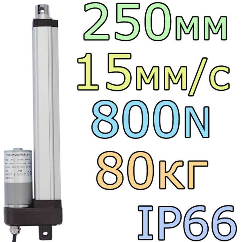 Актуатор линейный IP66 12V-250мм-15мм/с-80кг