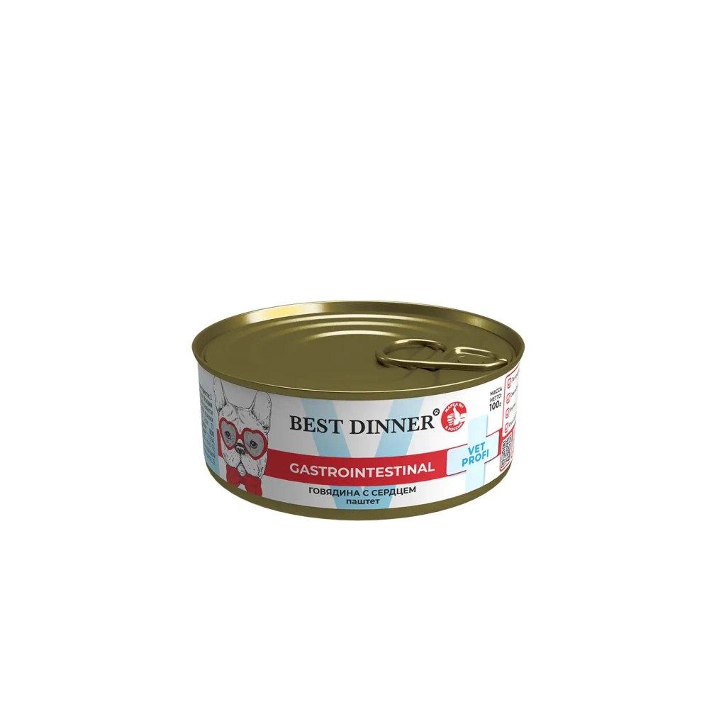 BEST DINNER (Бест Динер) Exclusive Vet Profi консервы для собак с чувствительным пищеварением Gastro Intestinal, Говядина с сердцем, 100 г