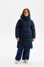 Темно-синее пальто с капюшоном для девочки PULKA