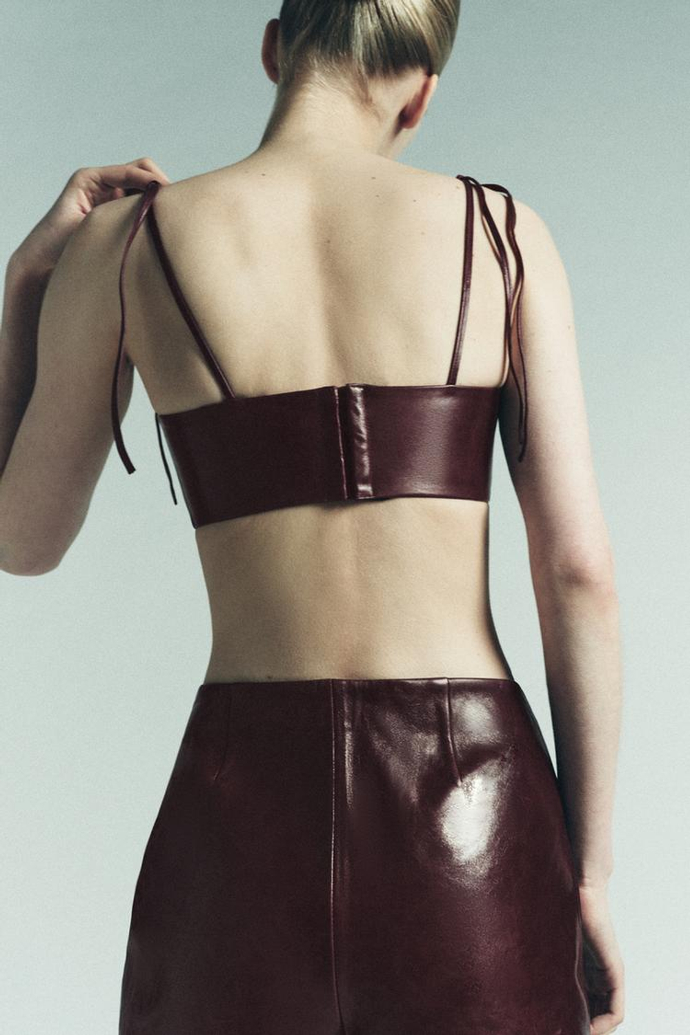 ZARA МИНИ-ТОП ИЗ 100% КОЖИ, ГРАНАТОВЫЙ