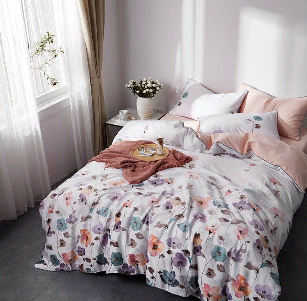 Постельное белье ЕВРО (двуспалка) Египедский Хлопок Цветочки на белом