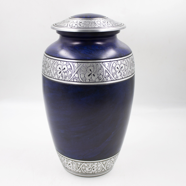 Урна для праха металл с гравировкой "Перламутр" синяя высокая