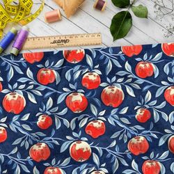 Ткань премиум шелк искусственный Армани яркие фрукты на синем