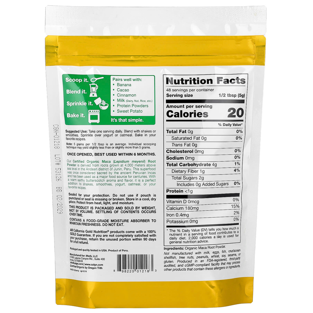 California Gold Nutrition, Superfoods, порошок из корня сертифицированной органической перуанской маки, 240 г (8,5 унции)