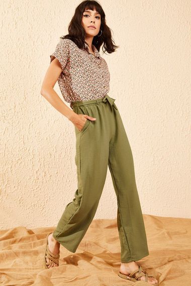 Qadın üçün beli kəmərli, xaki şalvar 10081038