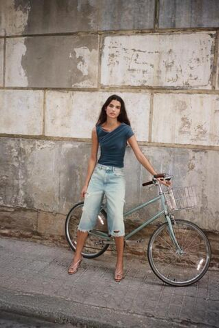 ZARA АСИММЕТРИЧНЫЙ ТОП СО СБОРКАМИ, ВЫЦВЕТШИЙ СИНИЙ