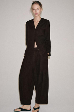 ZARA БРЮКИ BARREL ИЗ ЛЬНА — ZW COLLECTION, КОРИЧНЕВЫЙ