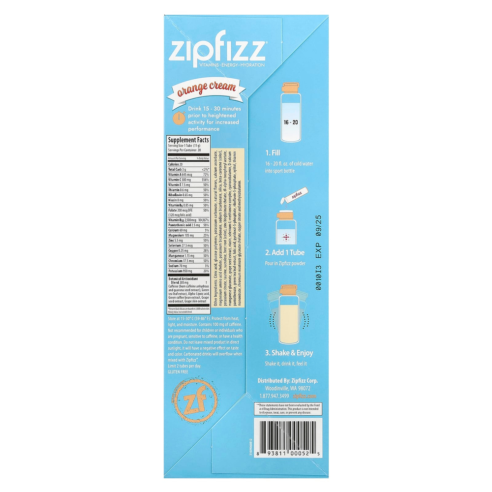 Zipfizz, Энергетическая смесь для здорового спорта с витамином B12, апельсиновый крем, 20 тюбиков по 11 г (0,39 унции)