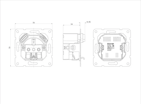 Donel R98 механизм розетки Schuko 16А 250 В~ с зарядным устройством USB A+C, 5V/4A, мощность 20W, серия DA