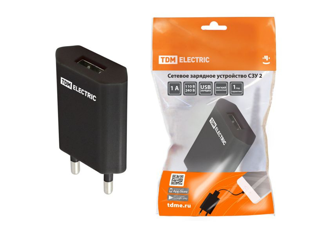 Зарядное устройство сетевое СЗУ 2 1А 1USB черный TDM
