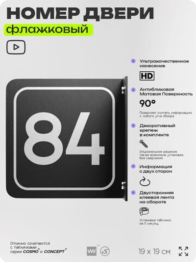 Табличка флажковая с номером 84 на дверь квартиры, для офиса, кабинета, аудитории, склада, черная двустороняя 19х19 см, Айдентика Технолоджи