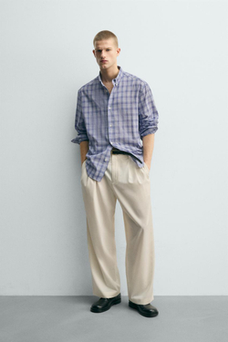 ZARA РУБАШКА RELAXED FIT В КЛЕТКУ, СИНИЙ МЕЛАНЖ