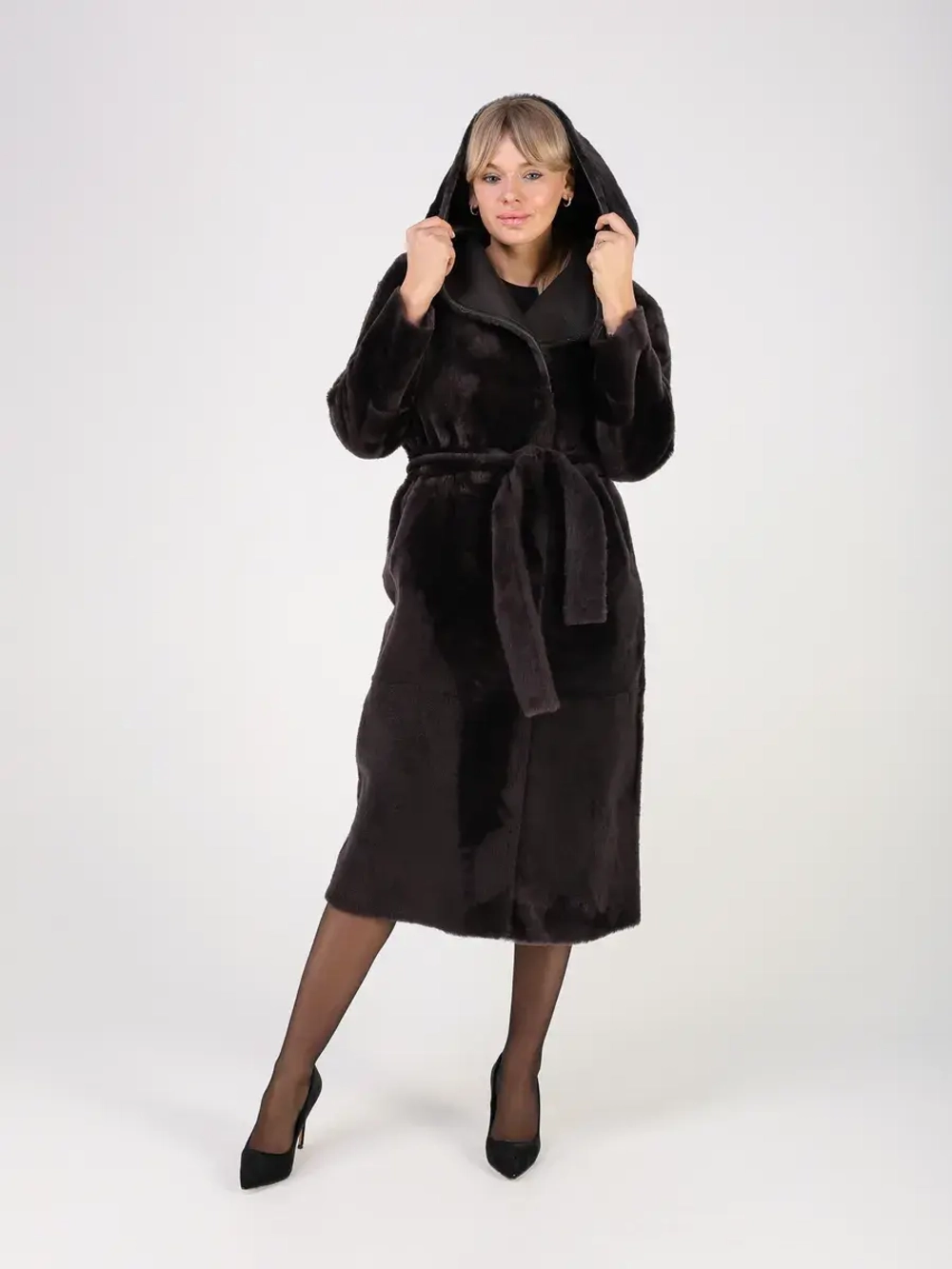 Дубленка зимняя шуба натуральная с капюшоном двухсторонняя