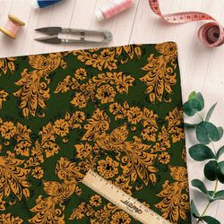 Ткань флис золотистая роспись с цветами