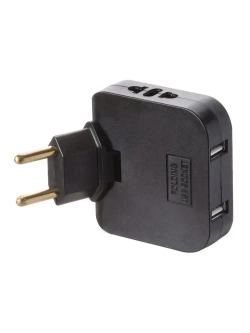 Тройник для розетки с USB 2.0 плоский поворотный, USB разветвитель электрический, черный