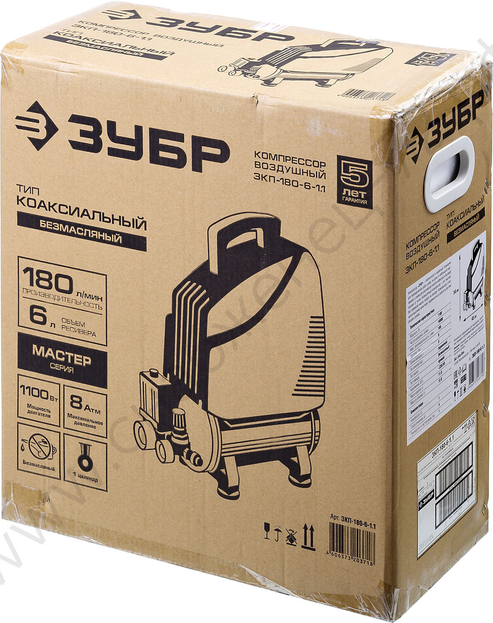 Компрессор воздушный безмасляный, 180 л/мин, 6 л, 1100 Вт, ЗУБР