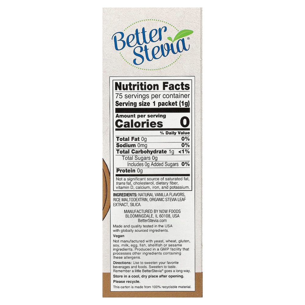 NOW Foods, BetterStevia®, низкокалорийный подсластитель, французская ваниль, 75 пакетиков по 1 г (0,035 унции)