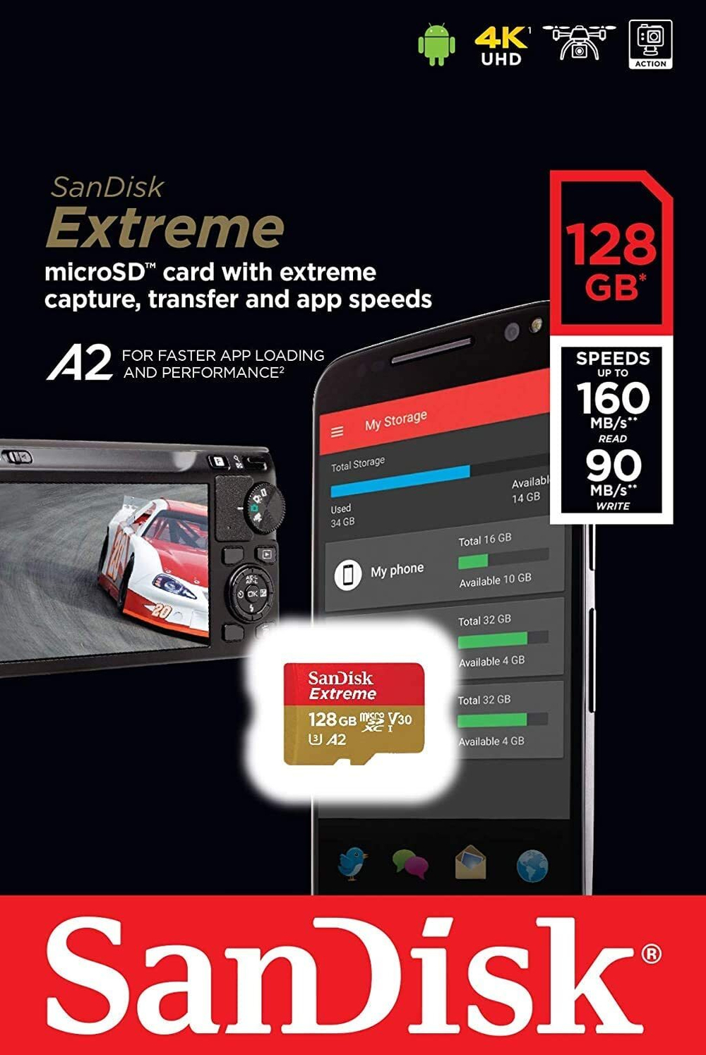 Карта памяти SanDisk Extreme microSDXC 128 ГБ Class 10, V30, A2, U3