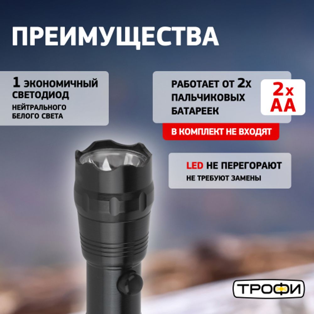 Светодиодный фонарь Трофи TM1W ручной на батарейках алюминиевый