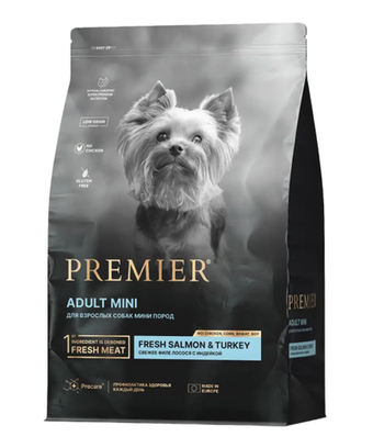 Сухой корм для взрослых собак Premier Dog Adult Mini мелких пород с чувствительной кожей лосось с индейкой 3кг