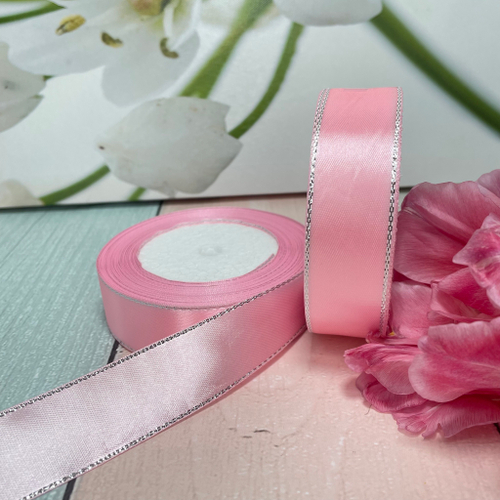 Лента атласная с люрексом 2,5см Розовый/серебро