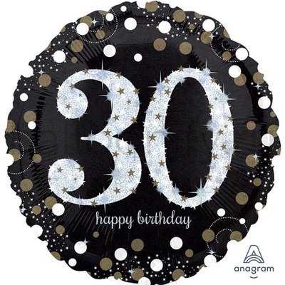 Фольгированная фигура, круг, HB Sparkling Birthday 30 gold S55,18"/46СМ