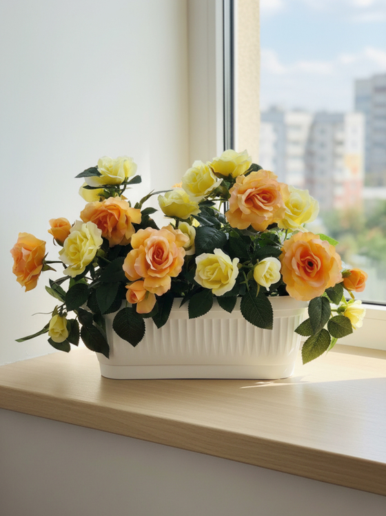 Искусственные цветы Розы желто-оранжевые в балконном ящике