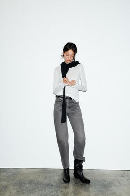 ZARA ДЖИНСЫ TRF MOM FIT С ВЫСОКОЙ ПОСАДКОЙ, АНТРАЦИТОВО-СЕРЫЙ