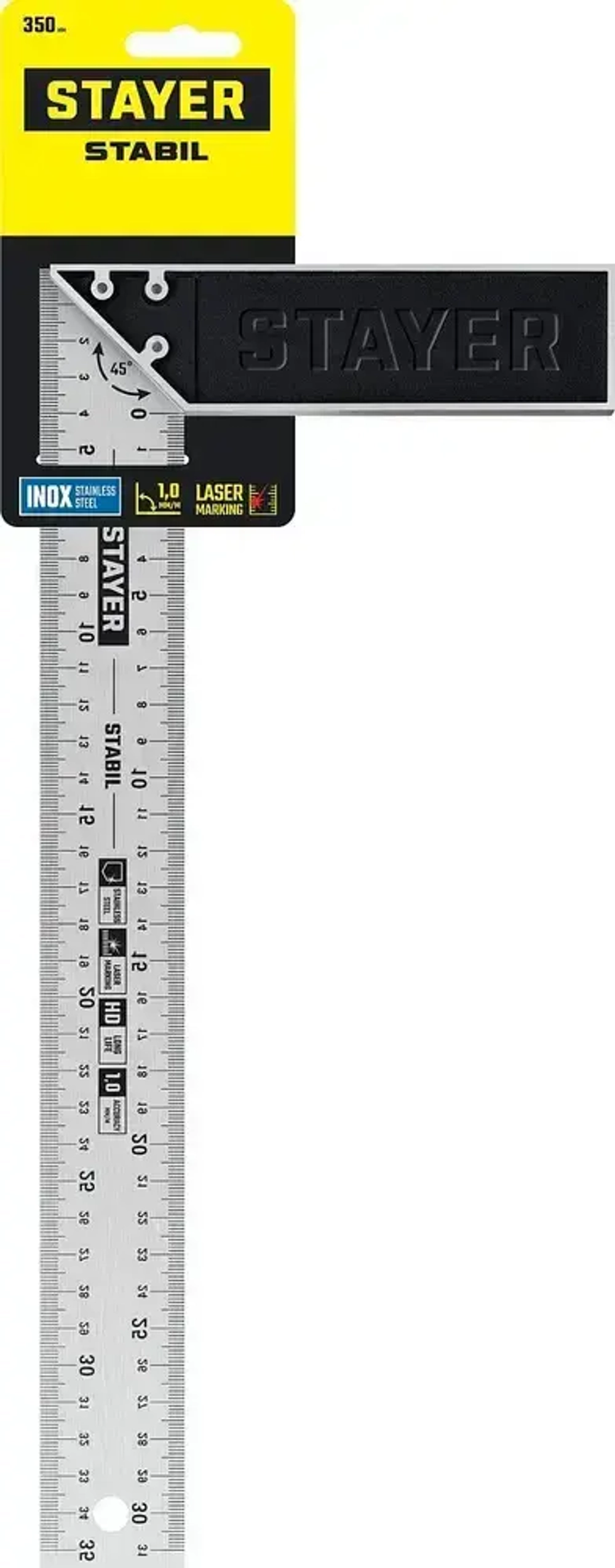 Профессиональный угольник с нержавеющим полотном, 350 мм // STAYER STABIL Professional