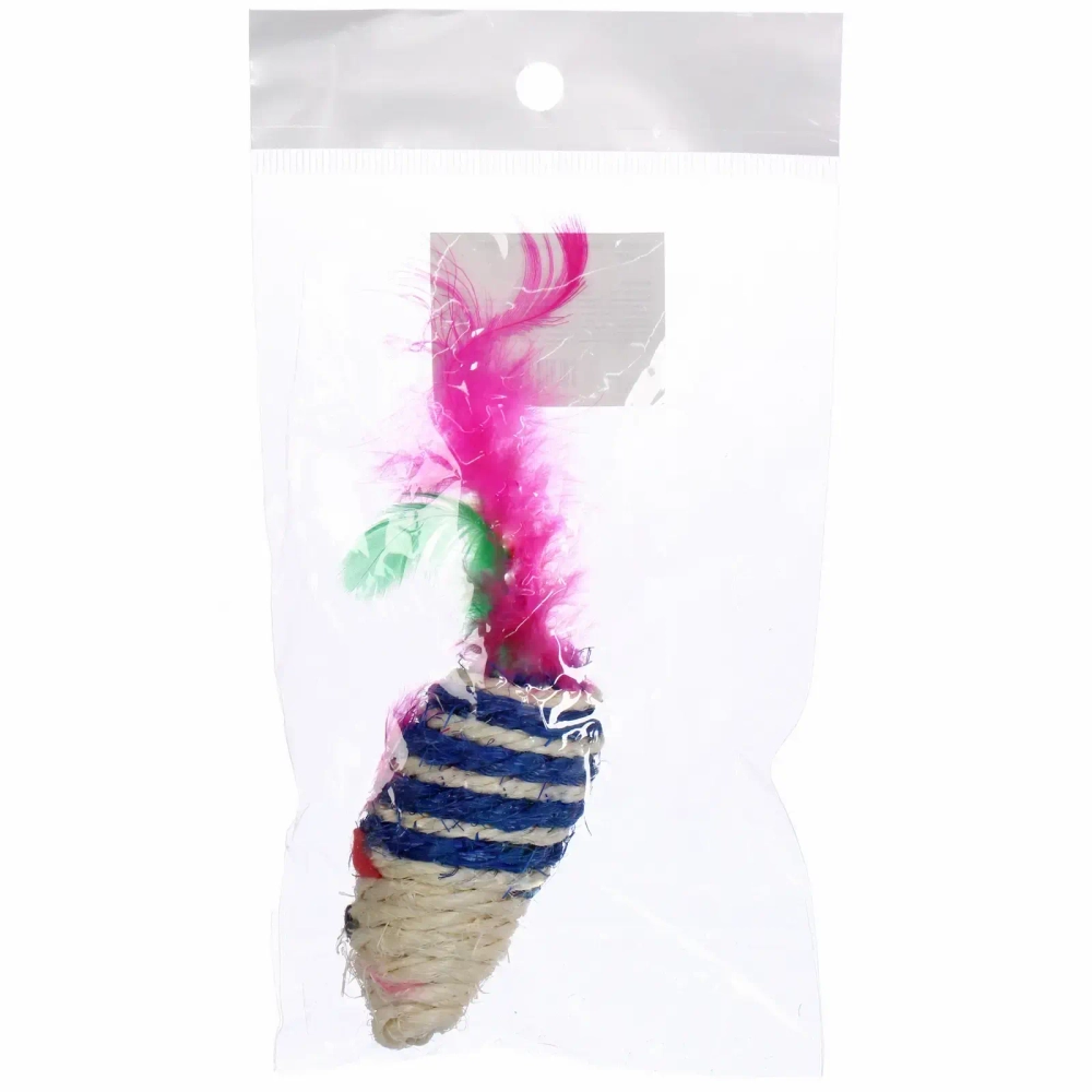 Игрушка - мышка для кошек «ЦЕПКИЕ ЛАПКИ», канатная с пёрышками, микс 3 цвета, 7*3,5см (пакет с хедером)✦