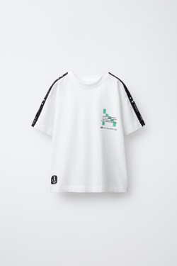 ZARA ФУТБОЛКА С НАДПИСЬЮ И ПОЛОСКАМИ, БЕЛЫЙ