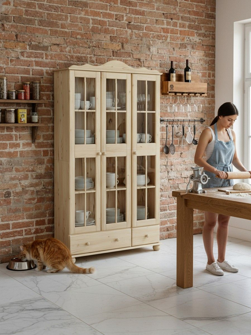 Шкаф витрина 113х32х186 Бритта, эко, массив сосны (без химической обработки), 3 двери, натуральный цвет, Dipriz