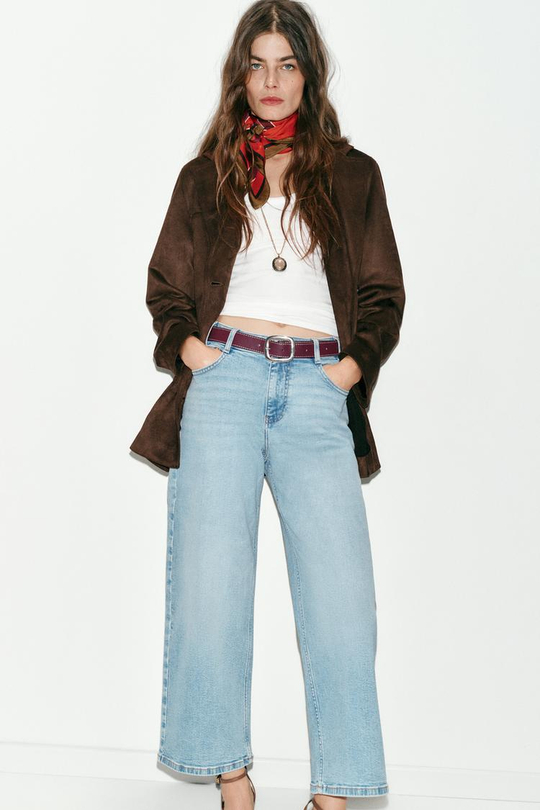 ZARA ДЖИНСЫ Z.10 КЮЛОТЫ С ВЫСОКОЙ ПОСАДКОЙ И РЕМНЕМ, ГОЛУБОЙ