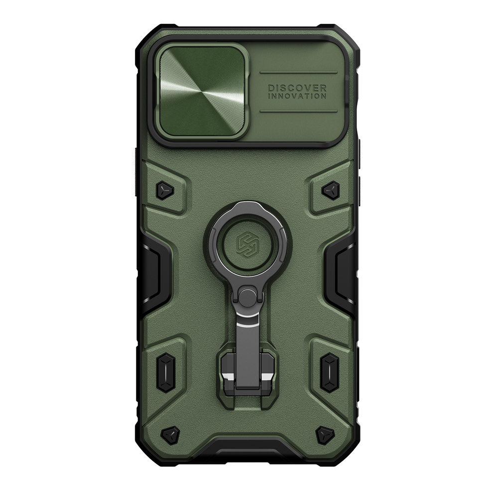 Чехол зеленого цвета (Dark Green) от Nillkin с поддержкой беспроводной зарядки для iPhone 13 Pro Max, серия CamShield Armor Pro Magnetic, с поворотным кольцом и защитной шторкой для камеры