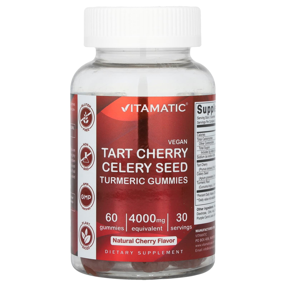 Vitamatic, веганские жевательные таблетки с куркумой и семенами сельдерея, вкус натуральной вишни, 60 жевательных таблеток