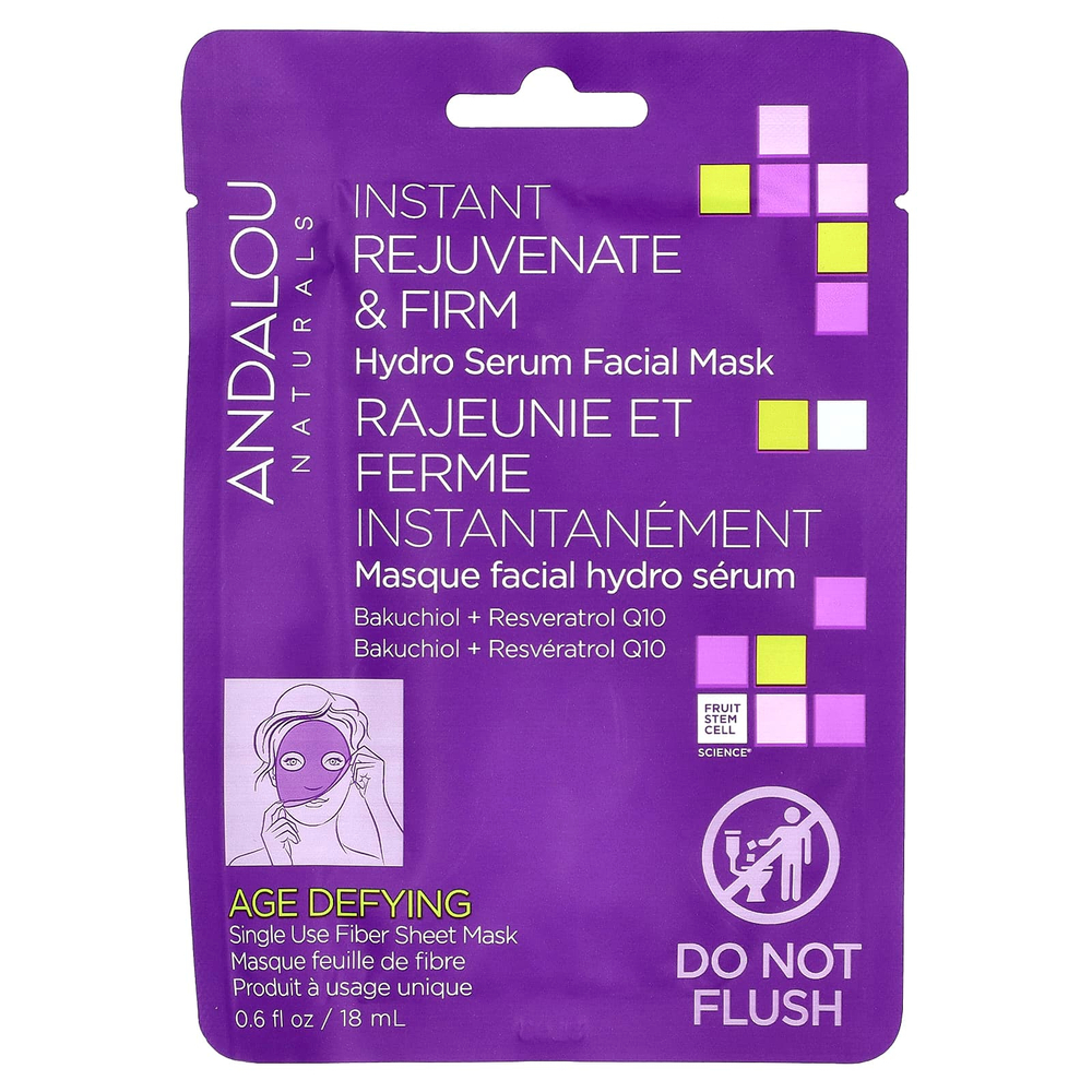 Andalou Naturals, Instant Rejuvenate & Firm, увлажняющая маска для лица с сывороткой, 1 лист клетчатки, 18 мл (0,6 жидк. унц.)