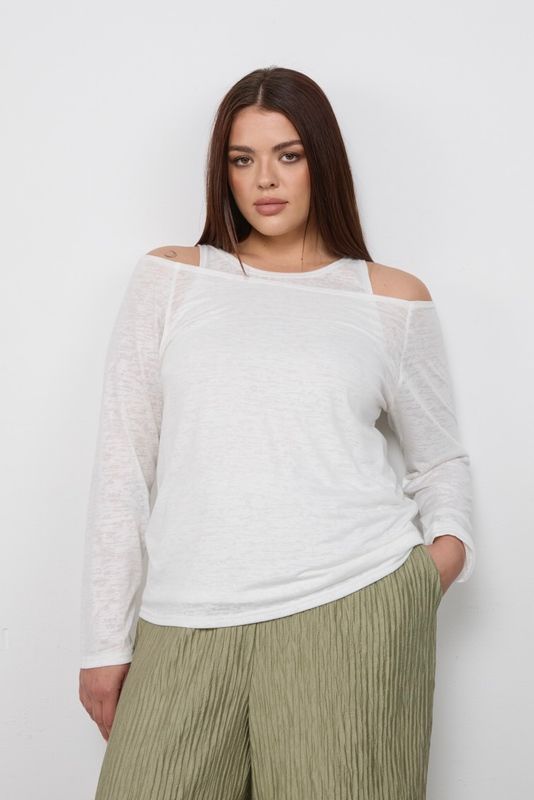 Лонгслив двухслойный на одно плечо, молочный