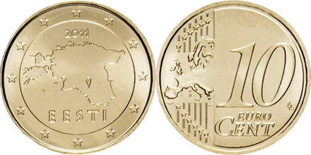 Эстония 10 евроцентов, 2011-2023 Карта XF