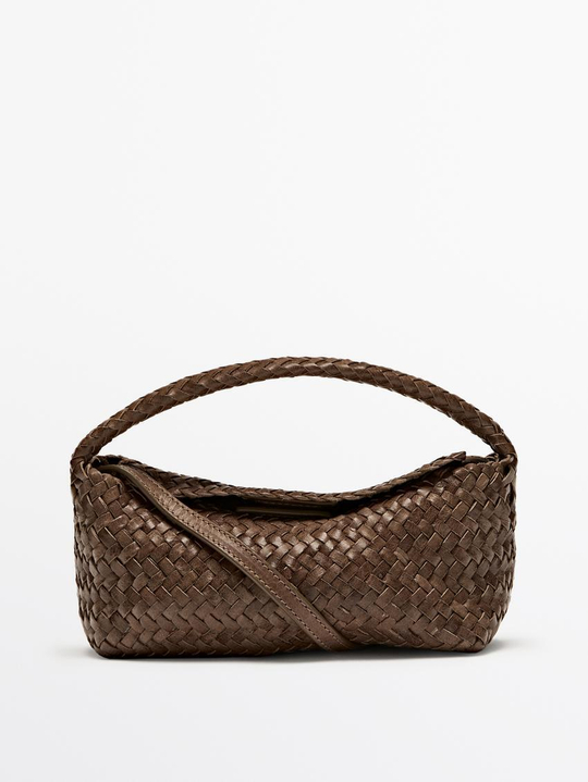 Massimo Dutti Сумка из кожи наппа с плетеным узором и плечевым ремнем, кротово-коричневый