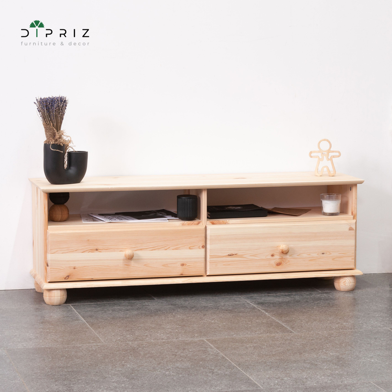Тумба под телевизор 115х32х40, Бритта, напольная, с ящиками и полками, массив сосны, в натуральной отделке, Dipriz