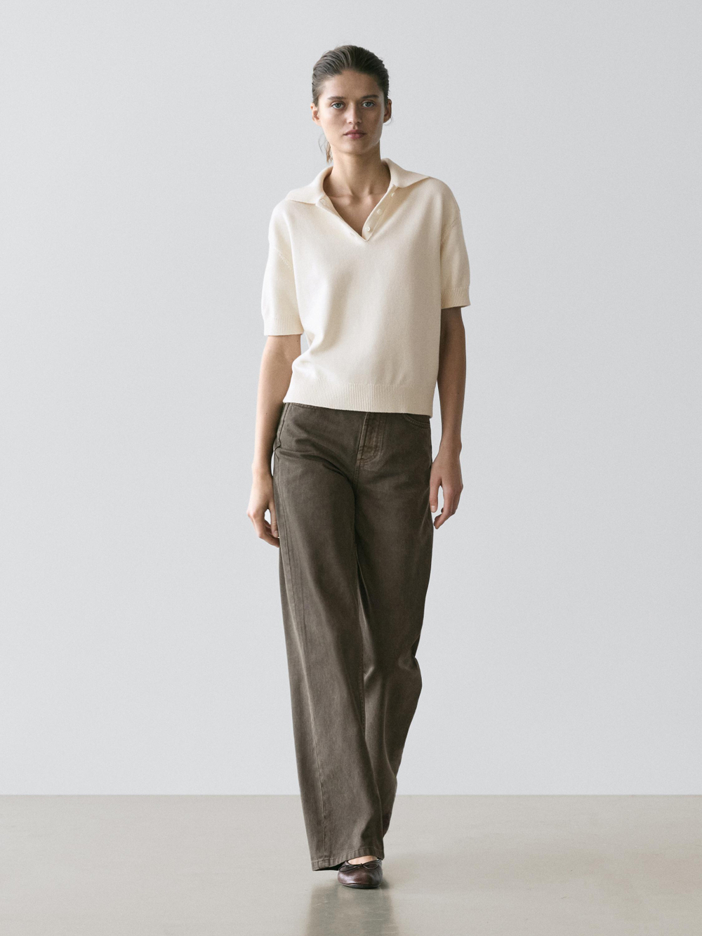 Massimo Dutti Свитер из смесовой шерсти с воротником поло, белый