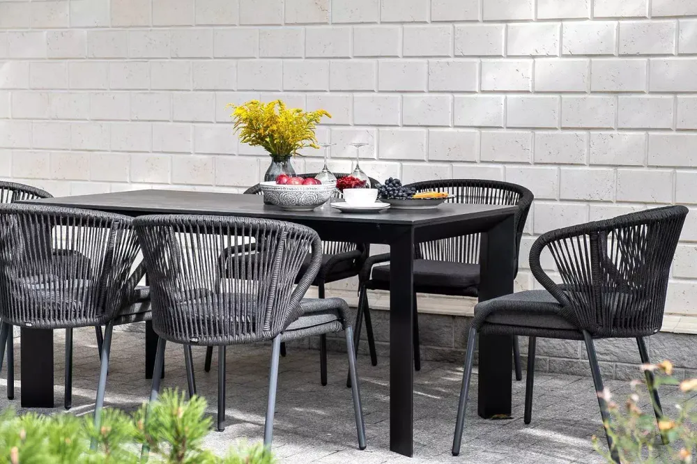 "Венето" обеденная группа на 6 персон со стульями "Милан", каркас темно-серый, роуп темно-серый