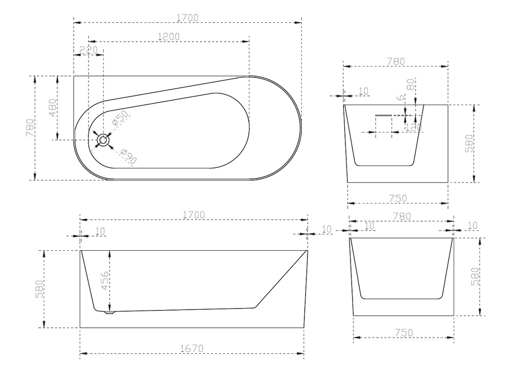 Акриловая ванна ABBER AB9496-1.7 L