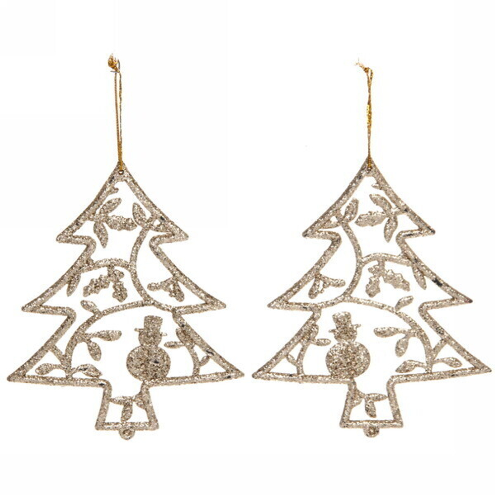 Подвески в блестках «Елочки новогодние» 12 см (набор 2шт), шампань