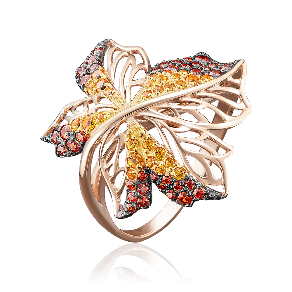 Кольцо «Кленовый лист» из красного золота с фианитами