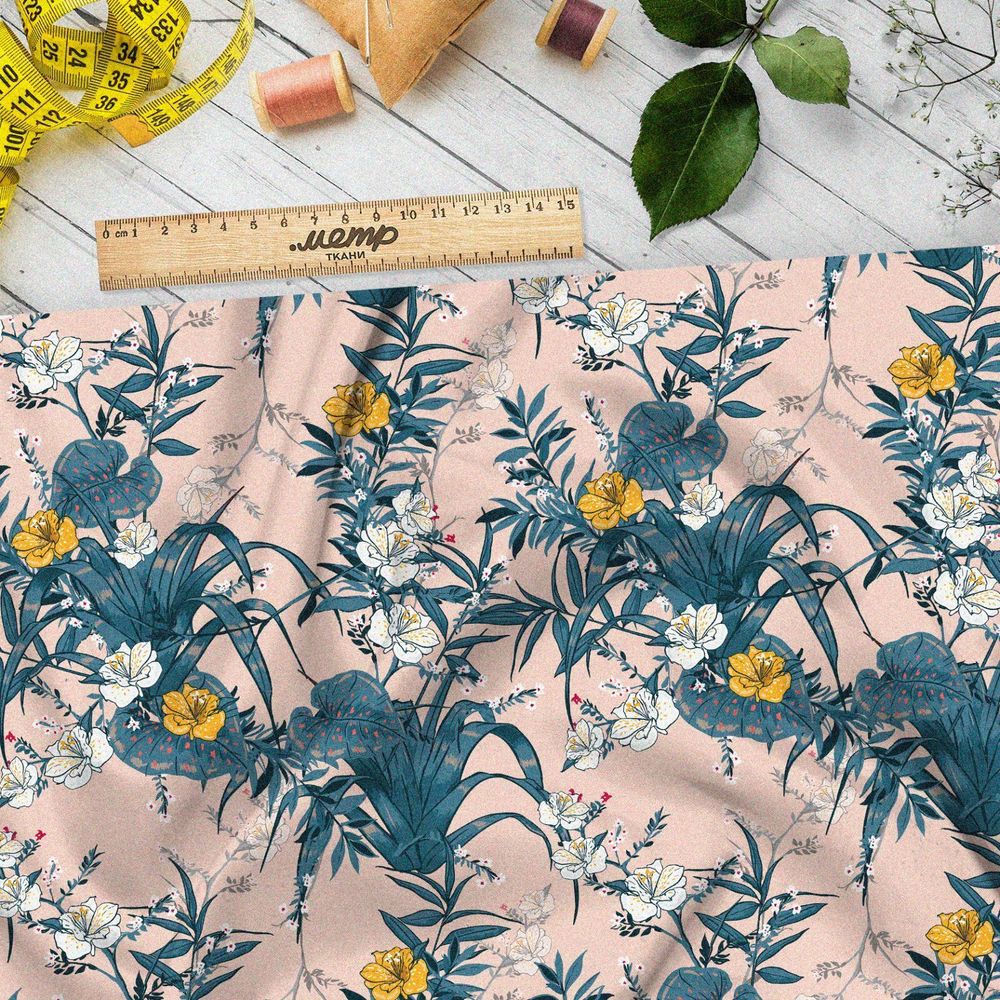 Ткань муслин раскидистые листья с жёлтыми цветами